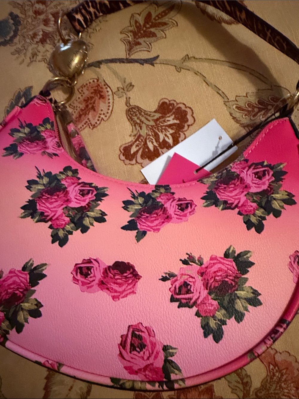 Betsey Johnson Hot Pink Floral Crescent Shoulder Bag with Leopard Strap - Picture 3 of 4